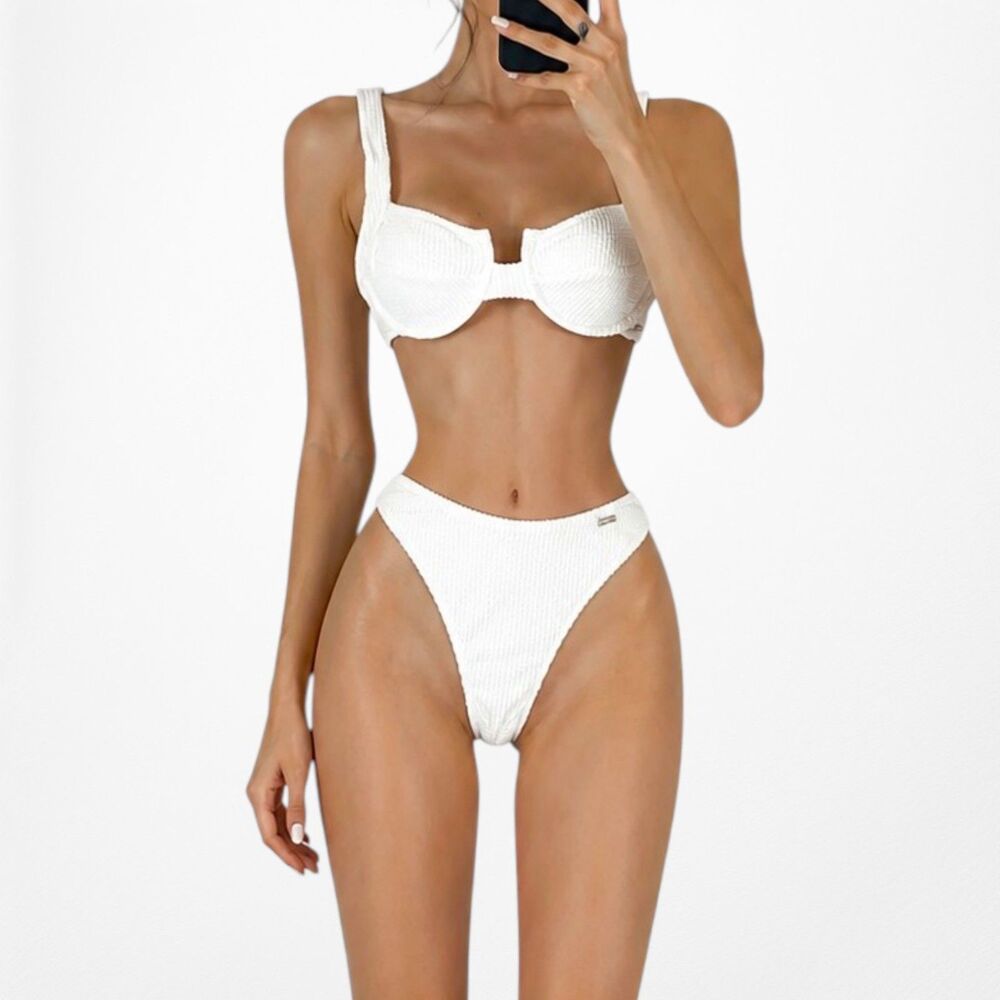 Nasty Gal Off White Ribbed Knit Two Piece Bikini Swim Suit Bathing Suit Size S